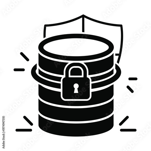 Cyber security database icon with padlock and shield, black and white vector illustration of protected data server, secure information storage and digital privacy concept