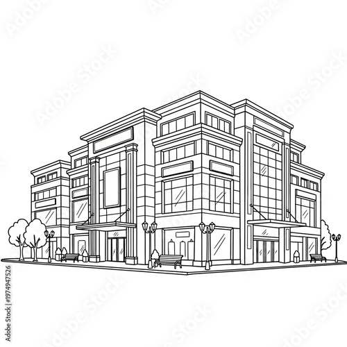 Title architectural sketch of a multi story building with classical elements description a detailed black and white sketch depicts a grand multi story building