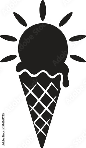 Ice Cream Cone with Sun Silhouette, Summer Dessert Minimal Vector Design