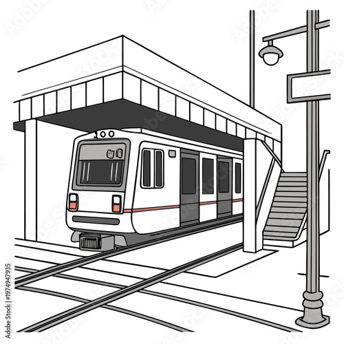 A detailed illustration depicts a white and red elevated train arriving at a station platform showcasing urban transit high quality professional modern