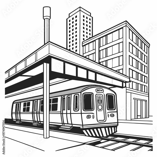 A detailed black and white illustration depicts an elevated train arriving at a station amidst a dense urban cityscape high quality professional