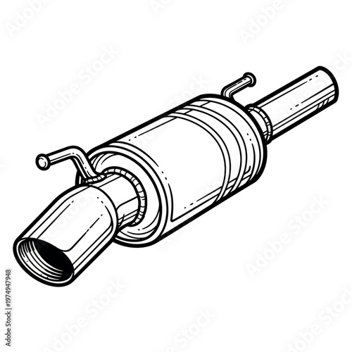 Detailed line art of a car muffler and exhaust system component