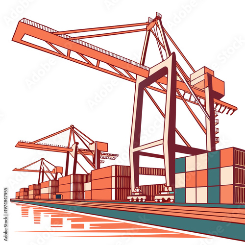 An illustrative depiction showcases a bustling port scene featuring large container cranes loading and unloading cargo from ships high quality professional detailed