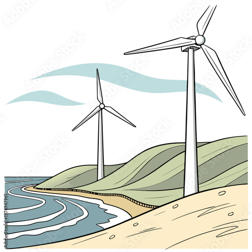 A simplistic illustration depicts three wind turbines standing on a grassy hill overlooking a blue body of water with waves high quality