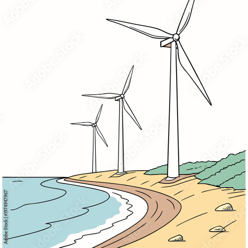 A simplistic colorful illustration depicts three wind turbines positioned along a coastal landscape with a sandy beach and ocean high quality professional