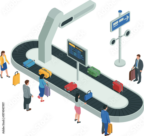 Airport baggage claim conveyor belt with passengers collecting luggage illustration