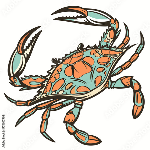 A vintage style illustration depicts a blue crab with large claws and a patterned shell facing slightly to the right high quality