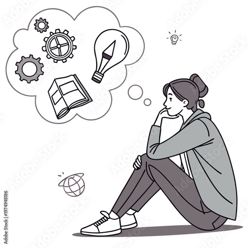 A young woman is thoughtfully contemplating ideas represented by gears a book a lightbulb and a globe within a thought bubble