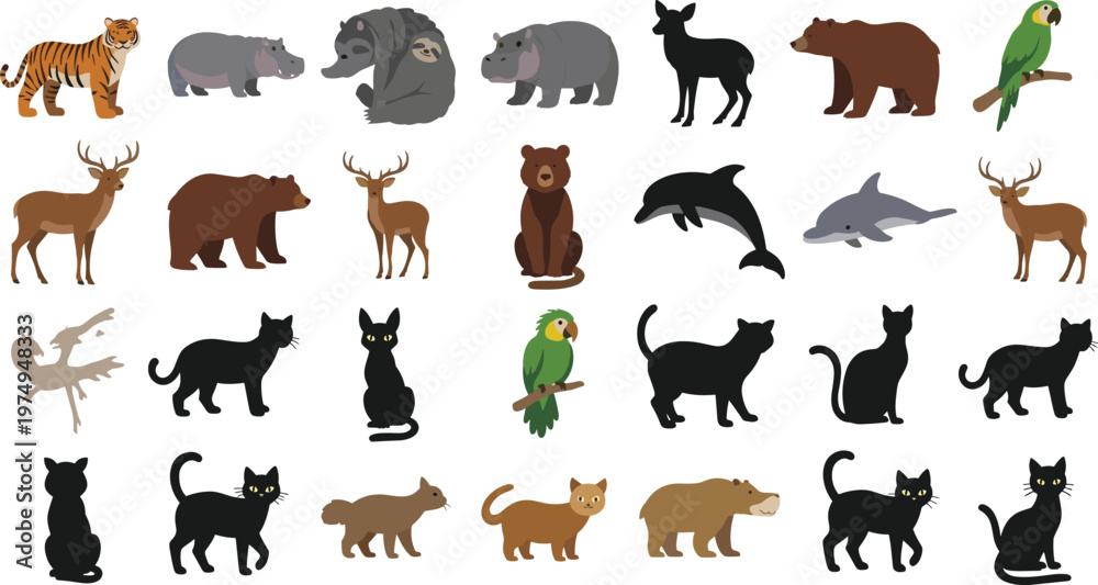 Fototapeta premium Wild and Domestic Animals Vector Illustration Set Featuring Cats, Deer, Bear, Dolphin, Tiger, Parrot, and Various Wildlife Silhouettes in Flat Cartoon Style.