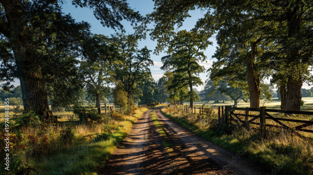 Obraz premium Scenic country road winding through old trees with golden morning sunlight and wooden fence