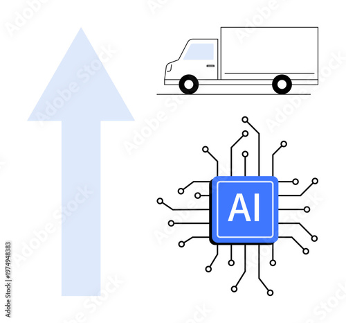 Logistics, automation, AI technology, digital transformation, supply chain, innovation. A truck, blue upward arrow and AI chip with circuits. Logistics and automation enhancement concept