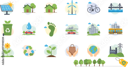 Eco sustainability concept banner with renewable energy recycling tree planting and environmental protection flat icons illustration design