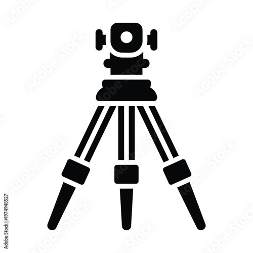 Black silhouette icon of a surveying instrument, like a theodolite or total station, on a tripod, used for precise measurements in land surveying.