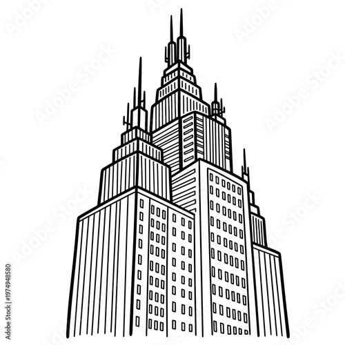 Title intricate sketch of a tall stylized building with multiple levels and spires description a detailed black and white sketch depicts a