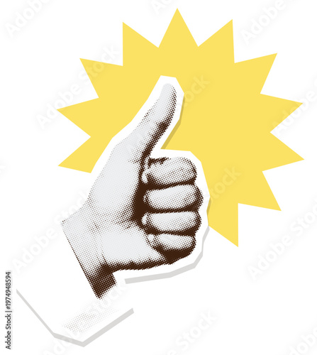 Halftone hand gesture thumbs up on yellow burst shape. Vintage 90s zine collage paper sticker isolated on transparent background.