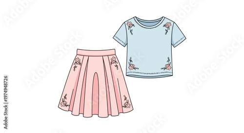 Pink skirt and blue t shirt.