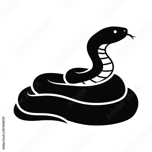 Stylized black snake coiled with head raised and tongue flicking, isolated on white background.