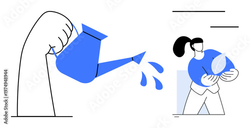 Environmental sustainability, gardening, resource management, eco-conscious behavior, growth, nurturing concept. A hand pours water from a can, a figure holds a leaf. Environmental care and gardening