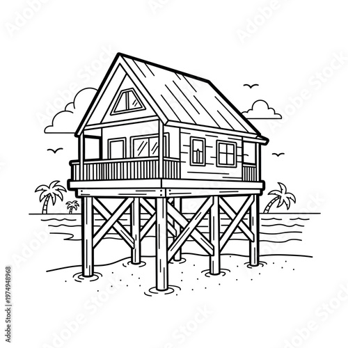 Vintage sketch of a stilted house with a porch and gable roof