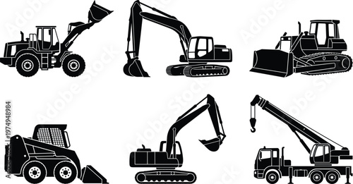 Construction machinery silhouettes set including excavator loader bulldozer crane and skid steer representing heavy equipment industrial work vector icons