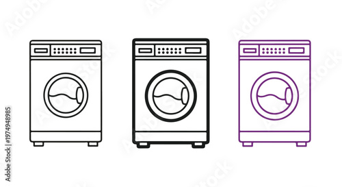 Line art illustration of modern washing machines in different styles and colors for household laundry appliances