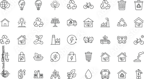 Eco sustainability line icons collection with recycling renewable energy transport waste management and environmental protection outline symbols set