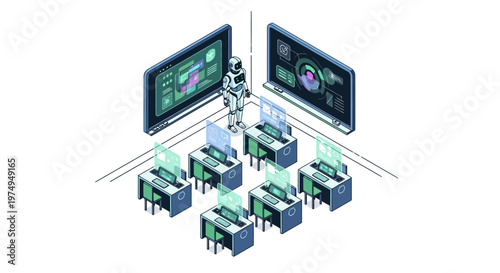 Isometric AI Robot Teacher in a Futuristic Digital Classroom with Smart Boards and Computer Workstations