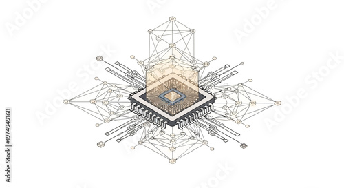 AI Microprocessor and Neural Network Concept Illustration for Machine Learning and Digital Processing on White Background