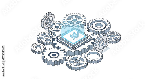 Isometric AI Processor Chip Integrated with Interlocking Gears for Automation, Machine Learning, and Industrial Intelligence Concept