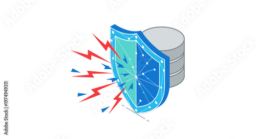 Isometric Cyber Security Concept: Digital Shield Protecting Database from Hacker Attacks and Data Breach Threats