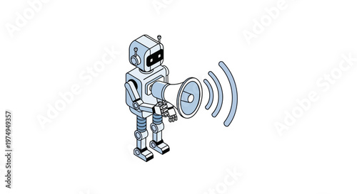 Isometric Robot Character Holding Megaphone Broadcasting Announcement - AI Communication and Marketing Concept Illustration