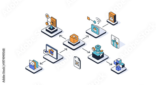 Isometric Data Network and Information Flow Infographic showing Digital Asset Management, Cloud Computing, and Connectivity Workflow