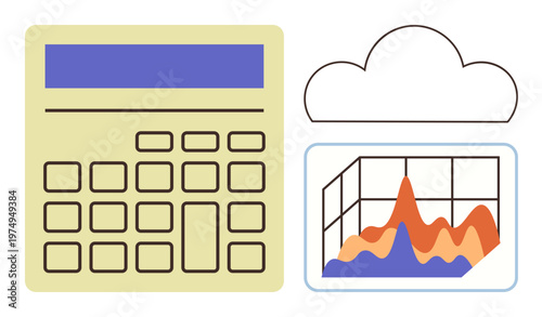 Data analysis, cloud computing, financial planning, statistics, forecasting, business growth concept. Calculator with data graph and cloud icon. Data analysis and cloud computing concept