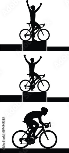 Cycling race podium silhouettes with riders celebrating victory and performance stages representing competition achievement and sports success concept