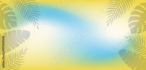 Soft tropical leaves on a smooth gradient background blending yellow, light blue, and white, creating a serene summer backdrop for minimalist and fresh design compositions. summer Banner design