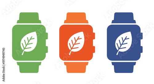 Colorful smartwatch icons with leaf designs in green, orange, and blue on white background