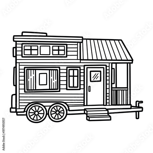 Black and white illustration of a tiny house on wheels