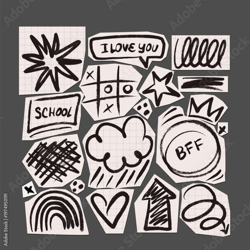 Isolated black ink scribble elements on paper cutouts set. Hand drawn tic tac toe, rainbow, cloud, star and hearts sketches on grid paper pieces. Vector rough doodle collection for zine collage.