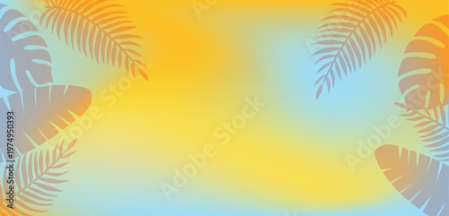 Abstract summer gradient background blending yellow, blue, and orange with tropical leaves, providing a fresh, vibrant, and exotic backdrop for design, summer Banner design