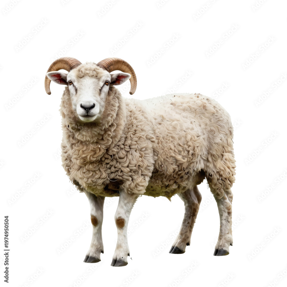 Fototapeta premium Majestic ram stands proudly against a bright white backdrop in a studio setting