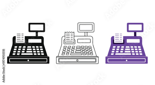 Three different colored cash register icons in black, gray, and purple on white background