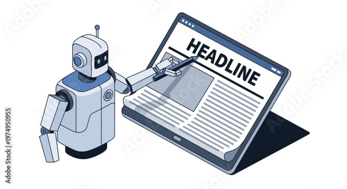 AI Robot Writing News Headline on Digital Tablet - Isometric Illustration for Content Automation