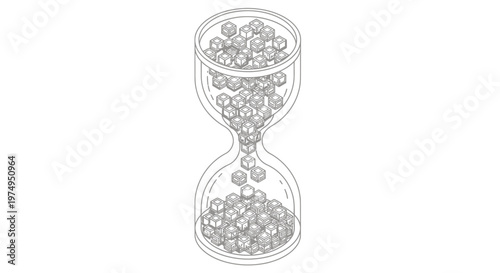 Hourglass filled with falling cubes line art illustration, conceptualizing digital time management, blockchain technology, and big data processing on a white background.