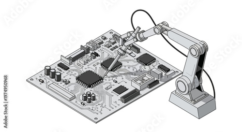 Robotic Arm Assembling Electronic Circuit Board - Isometric Line Art Technology Illustration