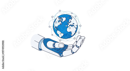 Robotic Hand Holding Earth Globe with Global Network Lines, AI and Technology Connectivity Concept Vector
