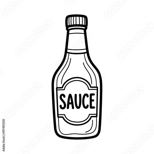 Hand drawn sketch of a ketchup or sauce bottle with label
