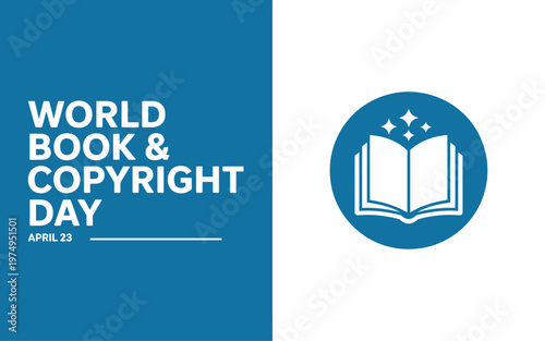 World Book and Copyright Day greeting banner with blue typography and open book icon vector