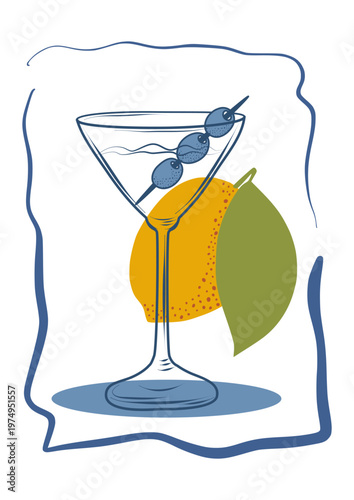 Stylish cocktail glass with lemon and leaves in decorative frame. Flat vector illustration for bar menu, posters and drink branding.