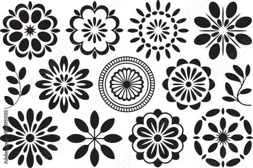 Symmetric floral ornaments set with circular mandala flower patterns.