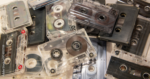 Close-up of tape cassettes without boxes